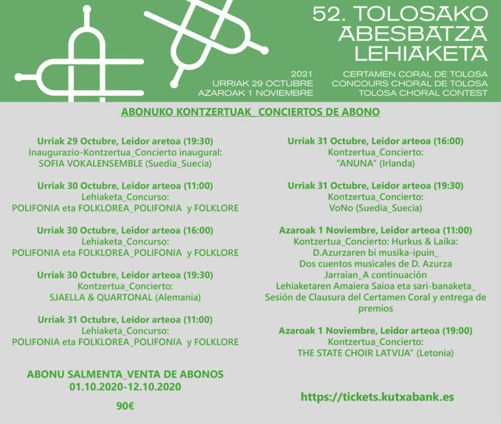 52º Certamen Coral de Tolosa: venta de abonos desde el 1 al 12 de octubre 12